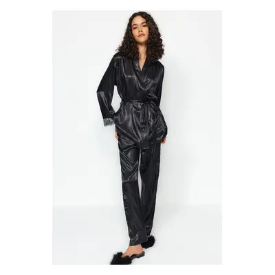 Trendyol Black Premium Satin Lace and Tie Detail Woven Pajamas Set