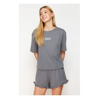 Trendyol Anthracite Melange Slogan Printed Ruffle Detailed Knitted Pajama Set