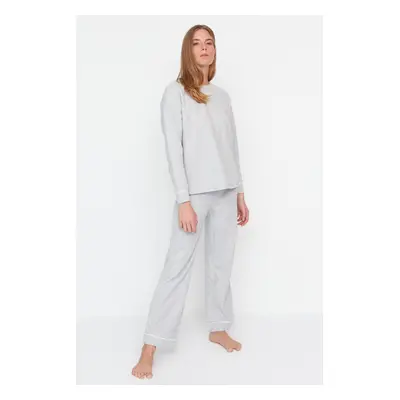 Trendyol Gray Melange Piping Detailed Thessaloniki Knitted Pajamas Set