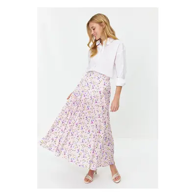 Trendyol Powder Floral Pattern Pleated Woven Skirt with Elastic Waist