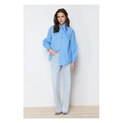 Trendyol Blue Baby Collar Accessory Cotton Woven Shirt