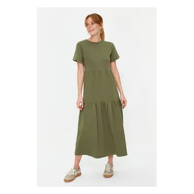 Trendyol Khaki Gathered Short Sleeve Knitted Maxi Dress