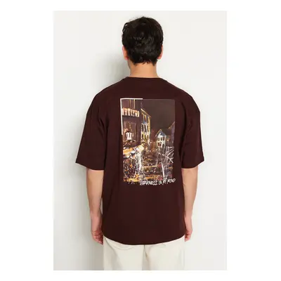 Trendyol Brown Oversize/Wide Cut Short Sleeve Back Printed 100% Cotton T-Shirt