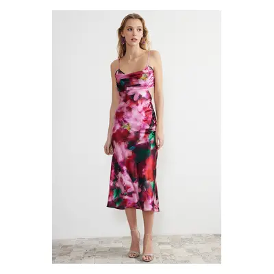 Trendyol Pink-Multi-Colored Floral Patterned Woven Satin Elegant Evening Dress