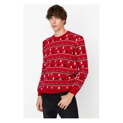 Trendyol Men's Red Regular Fit Crew Neck Christmas Jacquard Knitwear Sweater