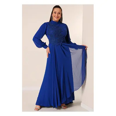 By Saygı Bead Embroidered Lined Flounce Front Plus Size Long Chiffon Dress