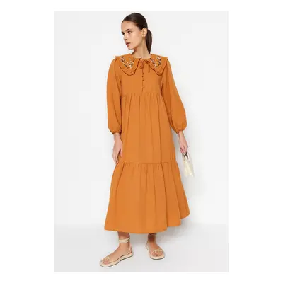 Trendyol Cinnamon Collar Embroidered Half Pat Linen Look Woven Dress