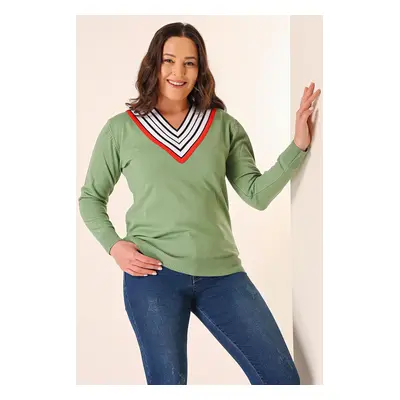 By Saygı Striped V-Neck Plus Size Knitwear Sweater