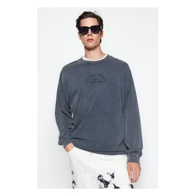 Trendyol Anthracite Men's Oversize/Wide-Collar Weared/Faded-effect text and Embroidery Cotton Sw