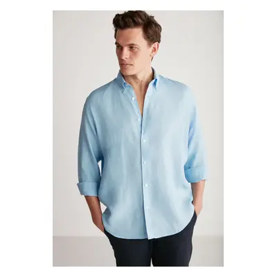 GRIMELANGE Bridge Men's 100% Linen Fabric Flowy Light Blue Shirt