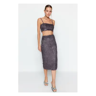 Trendyol Silver Fringed Sequin Midi Skirt