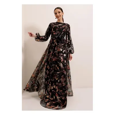 By Saygı Lined Gilded Long Dress with Belted Waist