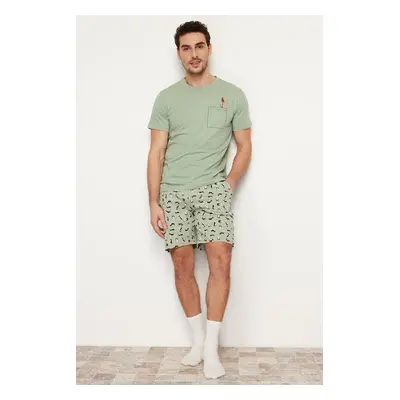 Trendyol Green Regular Fit Printed Knitted Shorts Pajamas Set