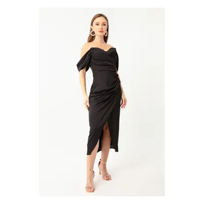 Lafaba Women's Black Bateau Neck Draped Midi Evening Dress