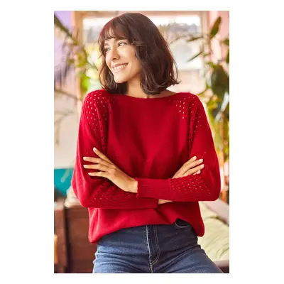 Olalook Women's Red Openwork Bat Oversize Knitwear Sweater