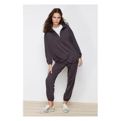 Trendyol Anthracite Zippered Stand Collar Gathered Both Knitted Tracksuit