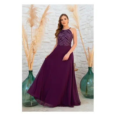 Carmen Plum Halter Sequined Long Evening Dress.