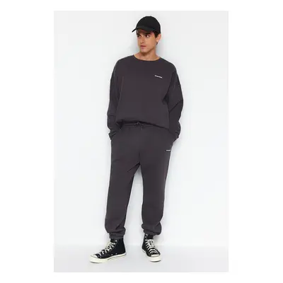 Trendyol Anthracite Oversize/Wide Cut Text Printed Warm Sweatshirt Tracksuit