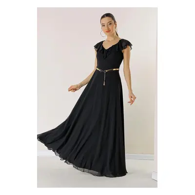 By Saygı Flounce Collar Waist Belt Lined Long Chiffon Dress