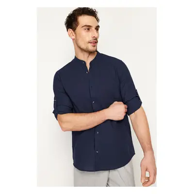 Trendyol Dark Navy Blue Slim Fit Basic Collar 100% Cotton Shirt with Epaulets