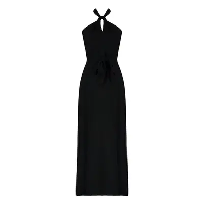 Trendyol Black Belted A-Line Halterneck Midi Woven Dress