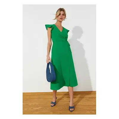 Trendyol Green Double Breasted Ruffle Detailed Linen Look Midi Woven Dress