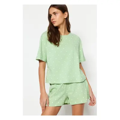 Trendyol Mint 100% Cotton Heart Patterned T-shirt-Shorts Knitted Pajama Set