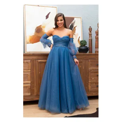 Carmen Indigo Tulle Low Sleeve Engagement Evening Dress