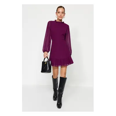 Trendyol Plum A-Line Ruffle Detailed Stand Collar Mini Lined Chiffon Woven Winter Dress