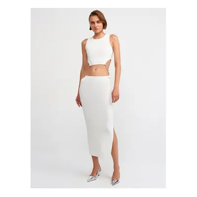 Dilvin Decollete Waist Stitched Knitwear Skirt-Ecru