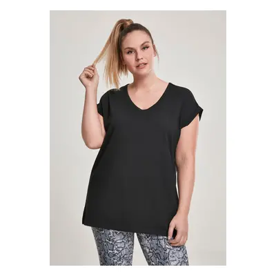 Women's round V-neck T-shirt with extended shoulder black