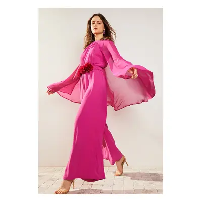 Trendyol Fuchsia Flower Belted Chiffon Satin Evening Dress Jumpsuit