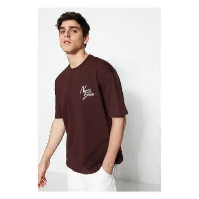 Trendyol Brown Oversize/Wide Cut Short Sleeve Text Printed 100% Cotton T-Shirt