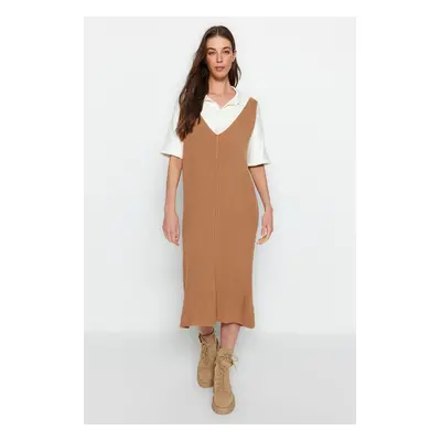 Trendyol Beige Maxi Knitwear V-Neck Gilet Dress