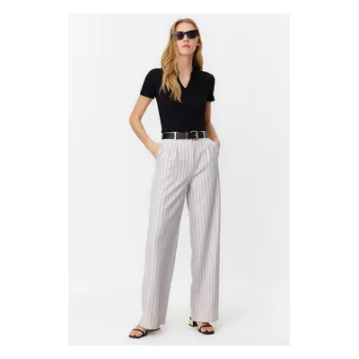 Trendyol Gray High Waist Wide Leg Striped Woven Trousers