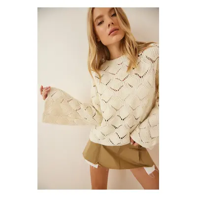 Happiness İstanbul Women's Cream Diamond Patterned Openwork Knitwear Sweater