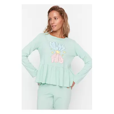 Trendyol Mint Ruffle Detailed Knitted Pajamas Set