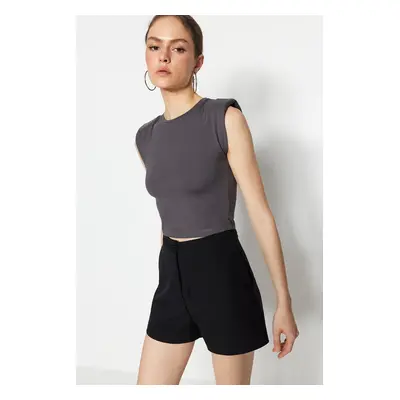 Trendyol Anthracite Padded Fitted Crew Neck Crop Stretchy Knitted Blouse