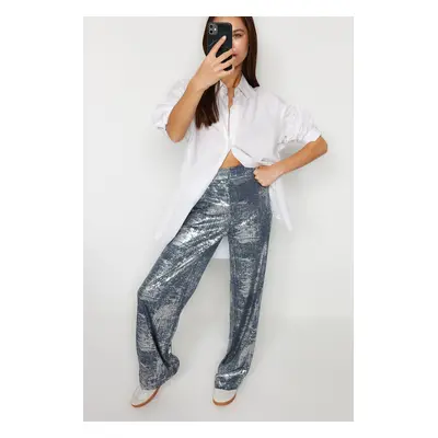 Trendyol Gray Foil/Shiny Printed Elastic Waist Wide Leg / Wide Leg Stretch Knitted Trousers