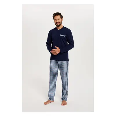 Men's pyjamas Jaromir, long sleeves, long pants - navy blue/print