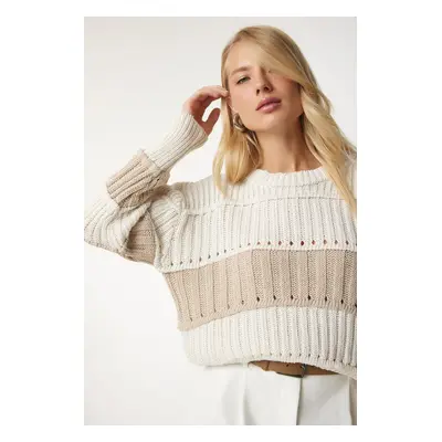 Happiness İstanbul Women's Cream Openwork Color Block Knitwear Sweater