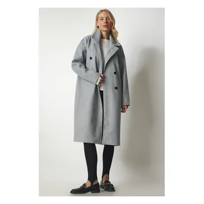 Happiness İstanbul Women Gray Double Breasted Neck Oversize Cachet Coat