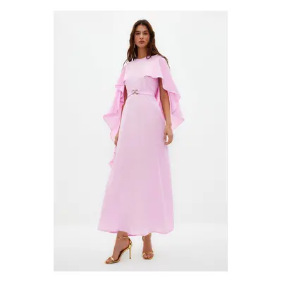 Trendyol Lilac Belted Cape Detailed Elegant Woven Evening Dress