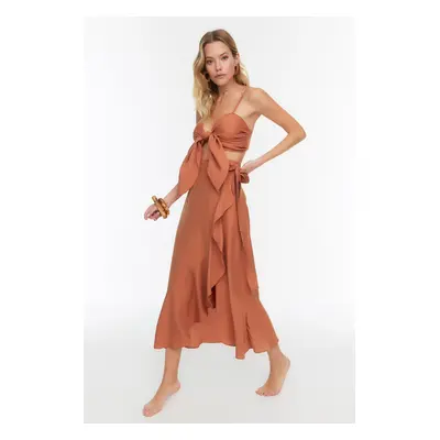 Trendyol Cinnamon Woven Ruffle Blouse and Skirt Set