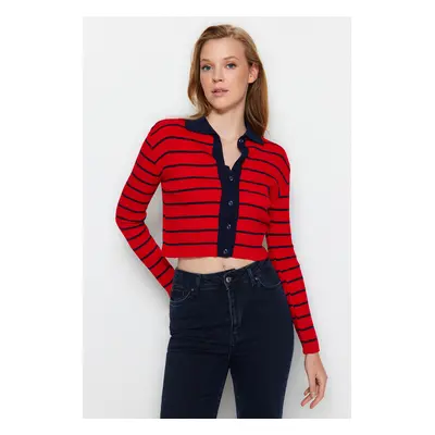 Trendyol Navy Blue Crop Striped Polo Neck Knitwear Cardigan