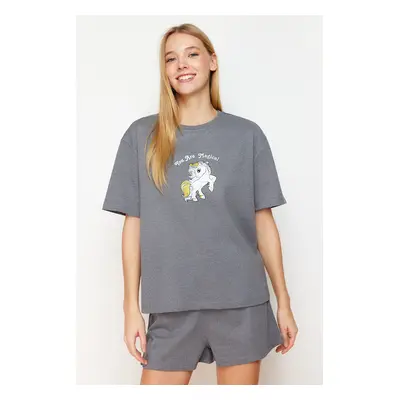 Trendyol Grey Melange Printed Knitted Pajama Set