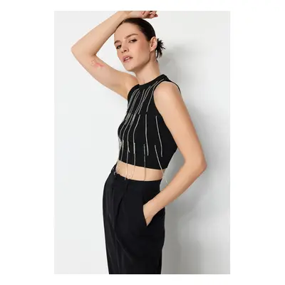 Trendyol Black Crop Stone Detailed Knitwear Blouse