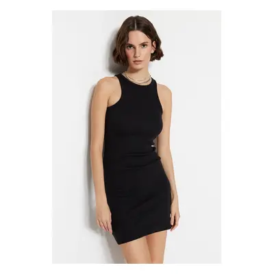 Trendyol Black Ribbed Bodycone/Fitting Halter Neck Stretchy Mini Knitted Pencil Dress