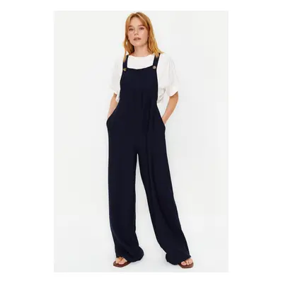 Trendyol Navy Blue Gilet Form Wide Leg Maxi Linen Look Woven Jumpsuit