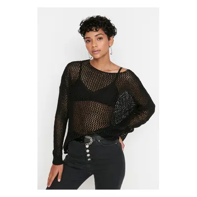 Trendyol Black Extra Wide Fit Cotton Openwork/Perforated Knitwear Sweater